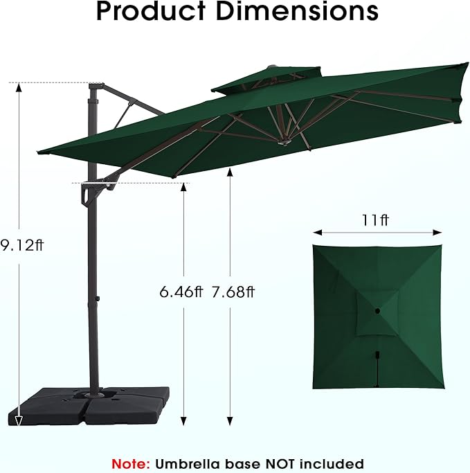 JEAREY 11ft 2-Tier Cantilever Patio Umbrella, Large Square Outdoor Offset Umbrella with Double Top Vent and 360-degree Rotation for Garden, Deck, Pool, Patio, Dark Green