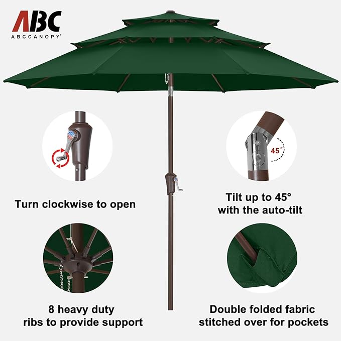 ABCCANOPY 9Ft 3 Tiers Market Umbrella, Outdoor Table Umbrella for Patio, Deck, Backyard (Forest Green)