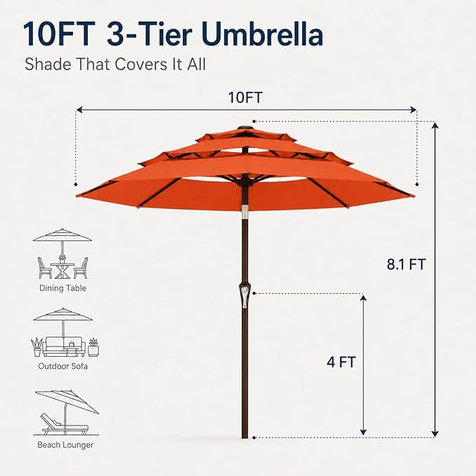 10ft Patio Umbrella, 3-Tier Vented Outdoor Table Umbrella with 8 Sturdy Fiberglass Ribs, Windproof Market Umbrella with Push Button Tilt and Crank, UV Protection for Deck, Pool, Terracotta
