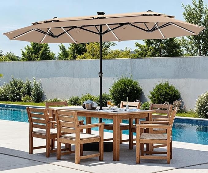 PHI VILLA 13ft Patio Umbrella with 120 PCS Solar-Powered LED Color-Changing Lights, 2-Tier Double-Sided Large Rectanglular Umbrella with Base Included, Beige&Tan