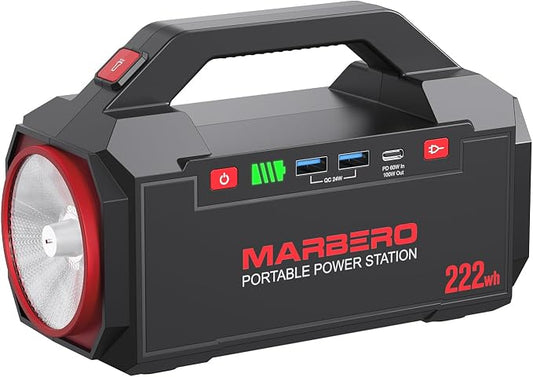 MARBERO Portable Power Station 222Wh Battery Pack 100W (150W Surge) Power Bank Flashlight High Lumens Fast Charging Power Bank with AC Outlet for Outdoor Camping Hurricane Backup Emergencies