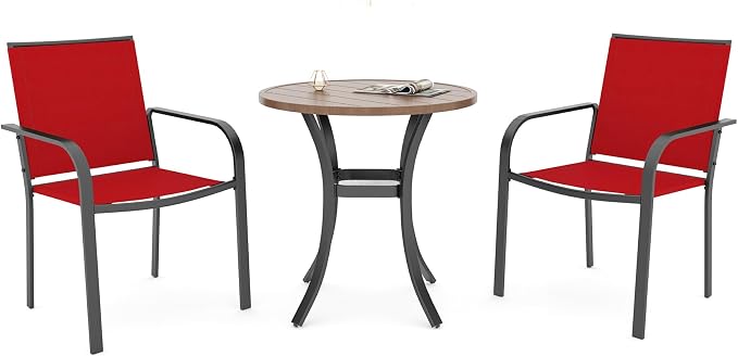 Anmutig 3 Piece Outdoor Round Table and Chairs Small Patio Set for 2 Person, Cherry Red Chairs and Wood-Like Brown Top 27.5" Dining Table