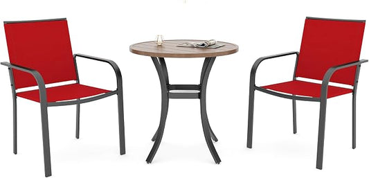 Anmutig 3 Piece Outdoor Round Table and Chairs Small Patio Set for 2 Person, Cherry Red Chairs and Wood-Like Brown Top 27.5" Dining Table