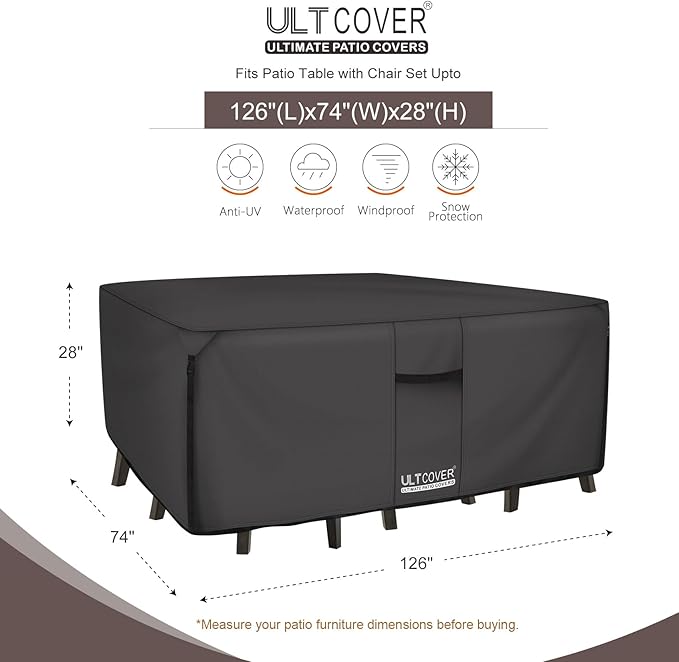 ULTCOVER 600D Tough Canvas Heavy Duty Rectangular Patio Table and Chair Cover - Waterproof Outdoor General Purpose Furniture Covers 126Lx74Wx28H inch, Black