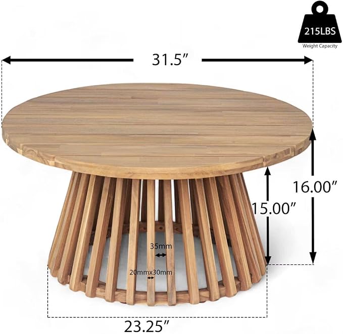 JIJIWANG 31.5" Outdoor Acacia Wood Patio Coffee Table for 2-4 Person, Round Coffee Table for Backyard, Lawn, Balcony, Light Teak