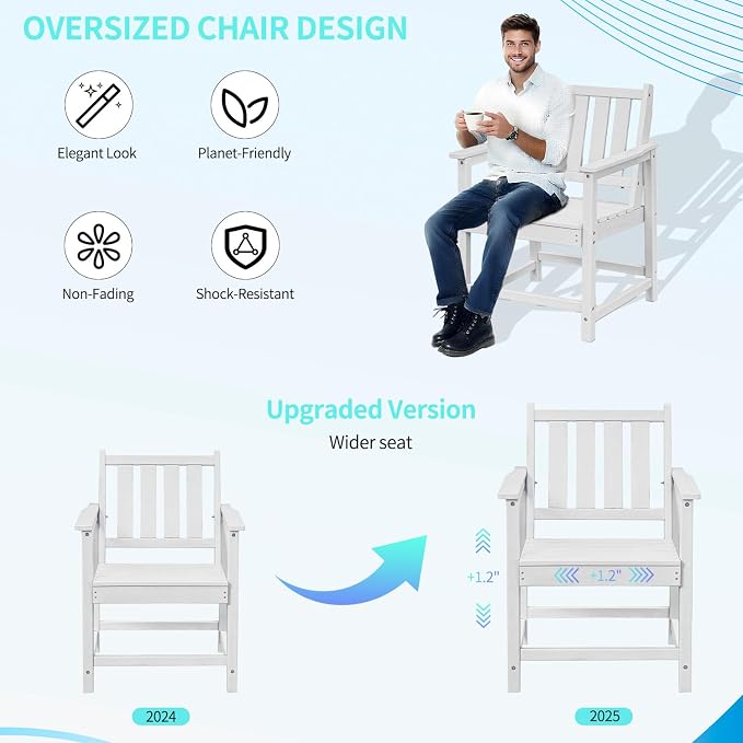 Outdoor Patio Chairs Set of 2, All-Weather Outdoor Patio Dining Chair with Backrest and Armrest, 300 lbs Support HDPE Furniture Garden Chairs for Backyard, Deck, White