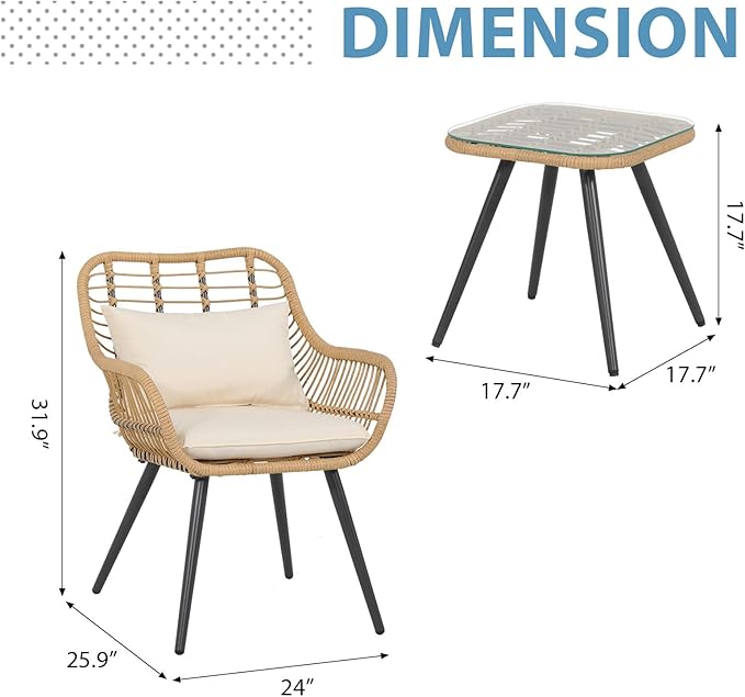 JOIVI 3 Piece Outdoor Wicker Conversation Bistro Set, Patio Furniture Rattan Chairs and Square Side Table Set for Porch, Balcony, Poolside, Yard, White Cushion