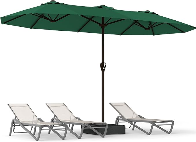 15FT Large Patio Umbrella with Base, Double Sided Rectangular Outdoor Umbrella with Sturdy Fiberglass Ribs, UPF 50+ Sun Protection, Wind-Resistant, Waterproof Fade-Resistant Fabric for Pool, Garden, Backyard, Deck(Dark Green)