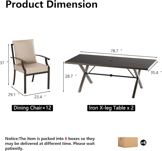 Kullavik 14 Pieces Outdoor Dining Set,Patio Dining Table and Chairs Set for 12,Fence Pattern Back Chairs with Thickened Cushions & Rectangular Metal Dining Table with Umbrella Hole for Patio,Sand