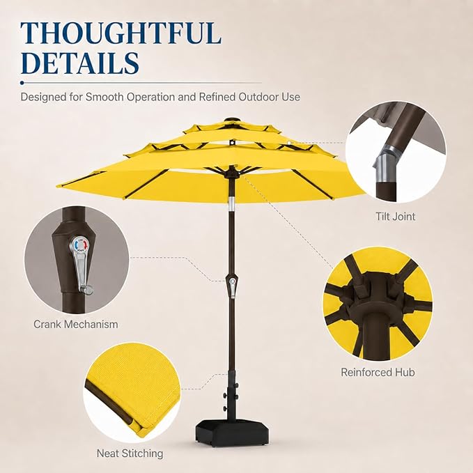 10ft Patio Umbrella, 3-Tier Vented Outdoor Table Umbrella with 8 Sturdy Fiberglass Ribs, Windproof Market Umbrella with Push Button Tilt and Crank, UV Protection for Deck, Pool, Sunshine Yellow