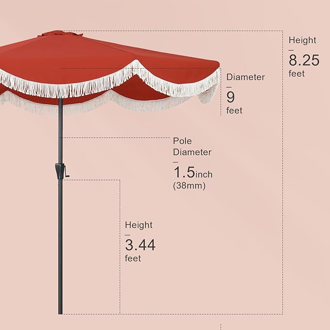 Tempera 9ft Red Scalloped Patio Umbrella with Fringe,UV Protection Fade Resistant Canopy, 8 Sturdy Ribs, Outdoor Table Umbrella with Crank Tilt for Lawn, Pool, Deck, Balcony