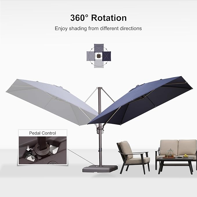 PURPLE LEAF 10' X 10' Patio Cantilever Umbrella Antique Bronze Square Outdoor Umbrella with 360° Rotation and Aluminum Offset Hanging for Garden Backyard Pool, Navy Blue