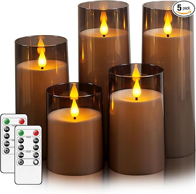 Fo32won Grey LED Flameless Pillar Candles Battery Operated with Remote Timer, 5 Pack 3D Flickering Acrylic Candles for Home Living Room Bedroom Fireplace Wedding Party Holiday Decor & Gift