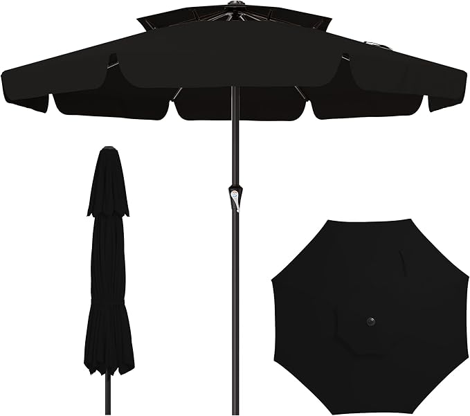 AreShark 12ft 2-Tier Patio Umbrella with Valance - Outdoor Umbrella Waterproof UV Protection, Market Table Umbrella w/ 8 Sturdy Ribs&Crank for Pool, Backyard, Garden(Black)