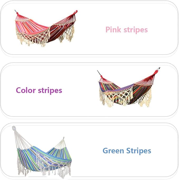 Cotton Canvas Tassel Hammock, Double Boho Hammocks with Macrame Fringe, Portable Camping Indoor Outdoor Garden Hammock Swing with Travel Bag, 150kg Load Capacity Color Stripes