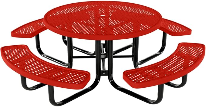 COATEDOUTDOORFURNITURE Heavy-Duty Portable Outdoor Kids Table with Umbrella Hole, Punched Steel Kids Picnic Table, Commercial-Grade, Made in America (46 in, Round, Childrens, Red)