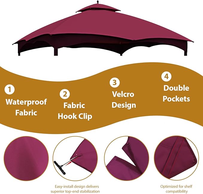 Coastshade Replacement Gazebo Canopy Top for Lowe's Allen Roth Heavy Duty Roof Gazebos Top with Mesh,10x12 Gazebo Cover #GF-12S004B-1, Replacement Top Only (Burgundy)