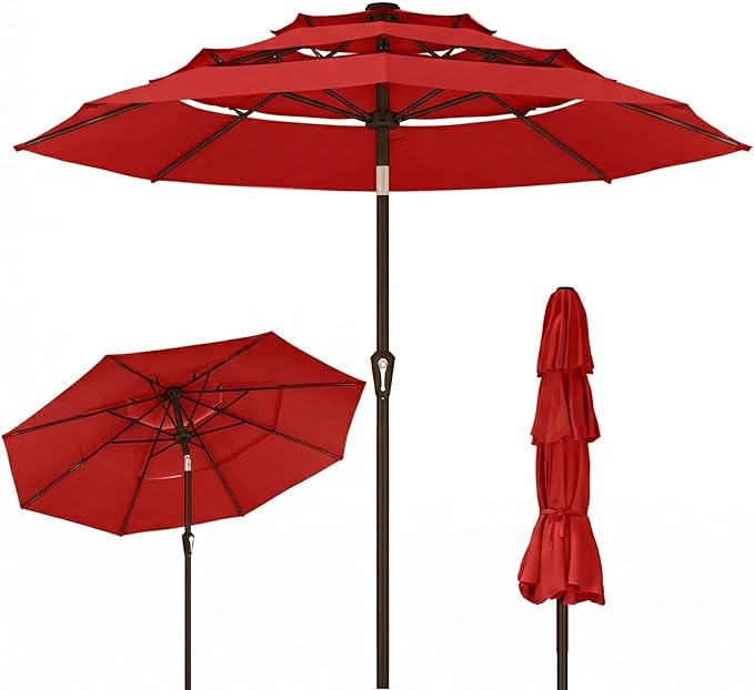 Kingdura 10ft 3-Tier Patio Umbrella, Outdoor Table Umbrella with Easy Crank & Tilt, 8 Reinforced Ribs, UV Protection for Deck, Pool, Market, Backyard (Red)