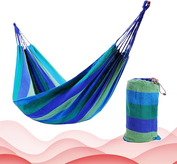 YARNOW Double Thick Canvas Hammock Swing for Two, 280x150cm Blue, Outdoor Camping Hanging Sleeping Bed with Two Bind Ropes and Storage Bag, Patio Backyard Relaxation Gear