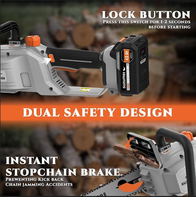 SUZUME Battery Chainsaw 12 Inch, 21V 2x4.0Ah Batteries 2 x Chains Electric Chain saw Cordless with 33 Ft/s Powerful Cutting Auto Oiling for Pruning Fallen Tree Cleaning Wood Cutting DIY