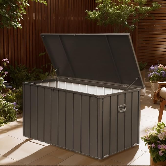 200 Gallon Outdoor Deck Box with Waterproof UV-Resistant Rustproof Steel, Heavy-Duty Garden Tools Chest with Side Handles & Rolling Wheels, Patio Storage Box with Lockable Hydraulic Soft-Close Lid