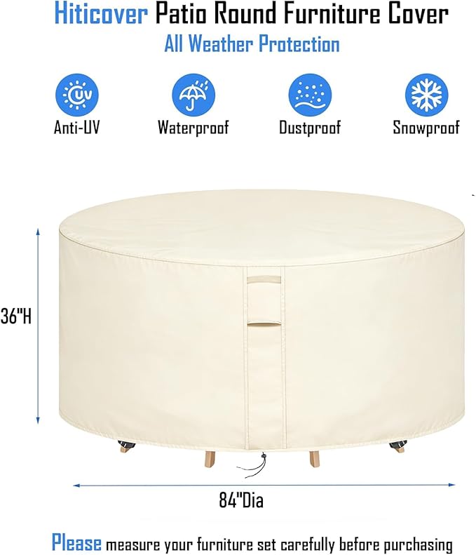 Round Patio Furniture Covers Waterproof, 84 Inch Outdoor High Round Table Cover, Tall Bar Height Outside Table and Chairs Set Covers for Winter, Rainproof Fadeproof - 84"Dia x 36"H, Beige