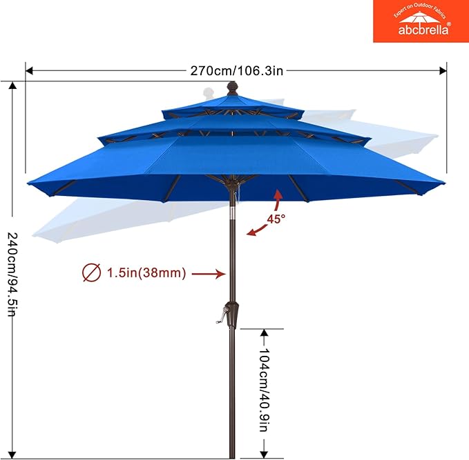 ABCCANOPY 5-Year 10-Year No Fading 9FT 3 Tiers Patio Umbrella, Outdoor Table Umbrella with 8 Sturdy Ribs for Deck, Backyard, Garden, Yard