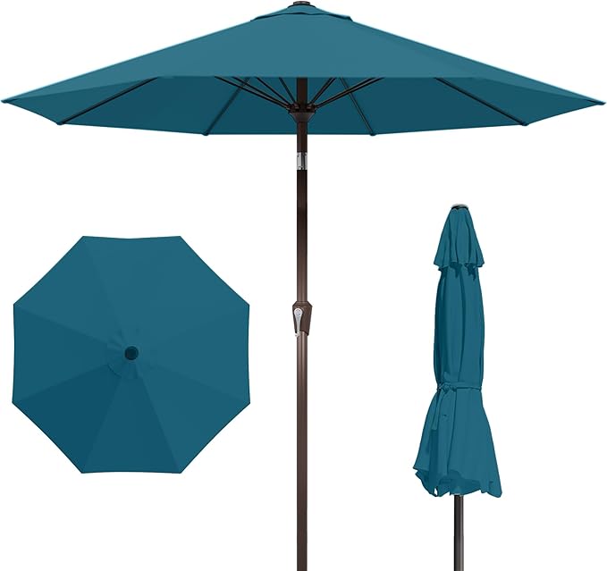 Kingdura 10FT Outdoor Patio Umbrella, Market Table Umbrella with Push Button Tilt and Crank, 8 Sturdy Fiberglass Ribs, UV Protection for Pool, Lawn, Deck, Backyard, Garden (Lake blue)