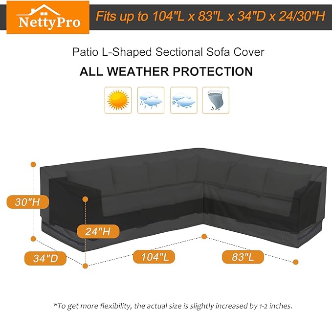 NettyPro Waterproof Patio Sectional Sofa Cover 600D Heavy Duty Waterproof Patio Lawn Furniture L-Shaped Lounge Set Couch Cover, 104 x 83 Inch, Right Facing, Black