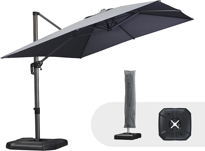 PURPLE LEAF 9'×11.5' Cantilever Patio Umbrella with Base Rectangle Offset Outdoor Umbrella Cover with Zipper for Garden Deck Pool Light Grey