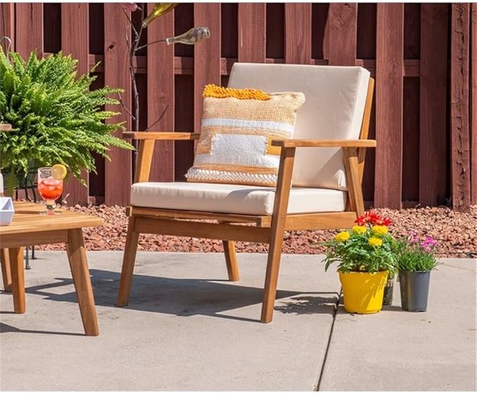 Linon Cooper Acacia Wood 4 Seater Removable Cushion Outdoor Patio Conversation Chat Sofa Set in Natural with Coffee Table