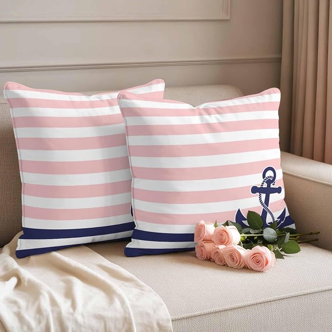 Throw Pillow Covers 16x16 Inch Set of 2, Anchor Pink Waterproof Outdoor Cushion Covers, Modern Navy Blue White Striped Nautical Decorative Pillowcases for Couch, Sofa, Bed, Garden, Patio