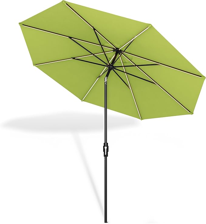 Midtown Umbrellas The LED Swilt 10 Feet Patio Umbrella With Sunbrella Macaw Acrylic Fabric - Auto-Tilt Aluminum Frame With LED Lights For Backyard, Deck, Garden, Pool - Black Pole