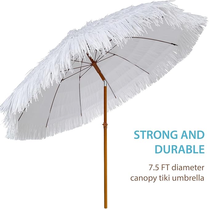 AMMSUN 7.5ft Hula Thatched Tiki Patio Beach Umbrella Hawaiian Style 10 Ribs UPF 50+ with Tilt Carry Bag for Outdoor Tiki Bar, Tropical Palapa, Patio Garden Beach Pool Backyard White
