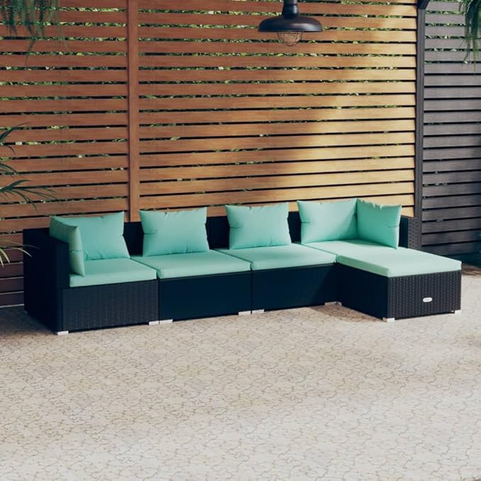 5 Piece Patio Lounge Set with Cushion, Outdoor Patio Sectional Furniture Conversation Sets Piece Patio Set Patio Lounge Set s Poly Rattan Black