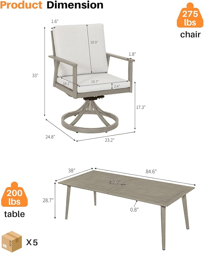 9 Pieces Outdoor Dining Set, Never-Rust Aluminum Patio Swivel Dining Set with Umbrella Hole, 360° Rotation Outdoor Patio Furniture Set, 8 Swivel Chairs and Table for Decks, Backyard, Limed Oak