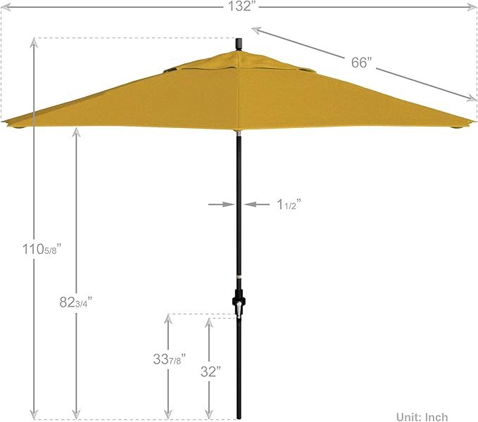 California Umbrella 11Ft Premium Sunbrella Patio Umbrella, Hand-Crank, Tilt-Collar, Black Frame, Sunflower Yellow Fabric
