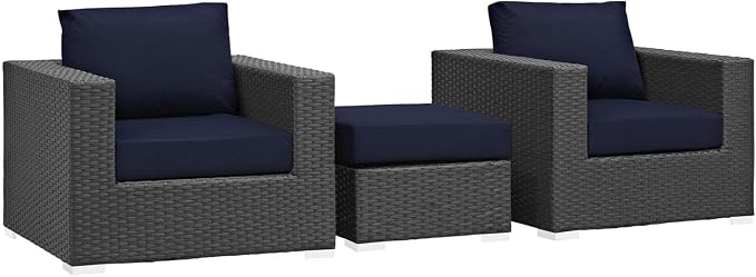 Modway Sojourn Wicker Rattan 3 Piece Outdoor Patio Sunbrella Sectional Set in Canvas Navy