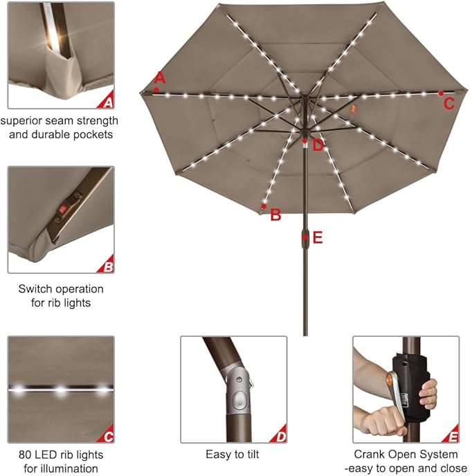 EliteShade USA 10-Year-Non-Fading 9ft 3-Tier Market Patio Umbrella, Commercial Table Umbrella with 80 Solar LED Lights, Crank Open, Windproof & UPF 50+ UV Protection for Garden, Deck, Pool, Backyard, Mushroom