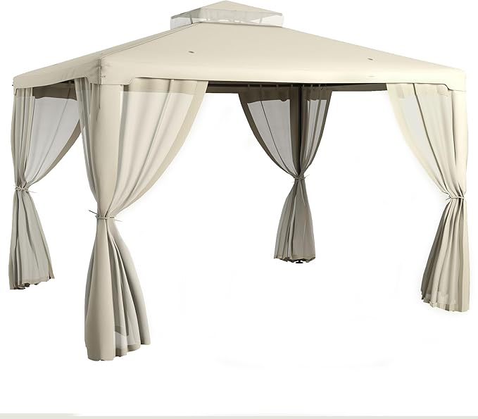 Outsunny 9.6' x 11.6' Patio Gazebo, Outdoor Canopy Shelter with 2-Tier Roof and Netting, Steel Frame for Garden, Lawn, Backyard, and Deck, Cream White