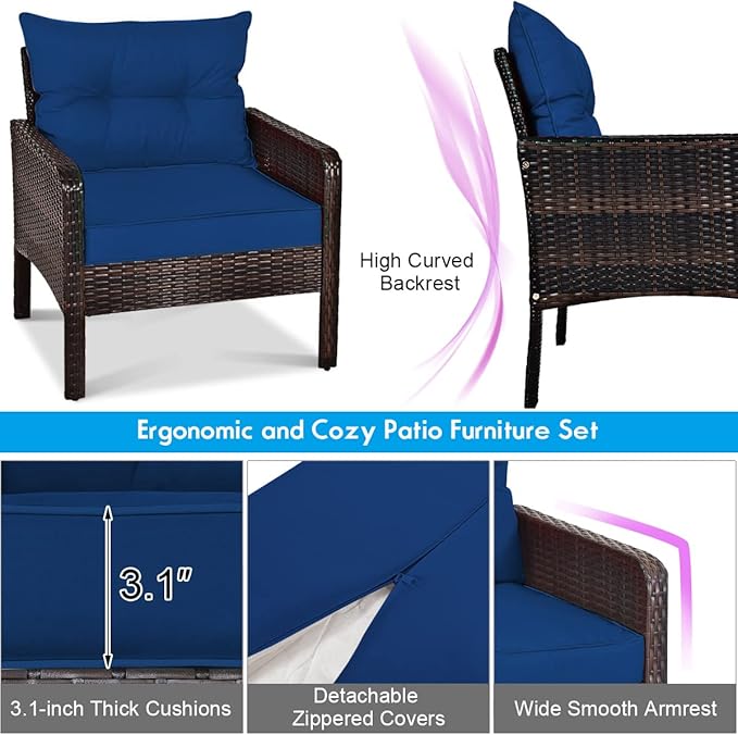 Tangkula 5 Pieces Wicker Patio Furniture Set, All Weather PE Rattan Outdoor Cushioned Sofas and Ottoman Set, 2-Person Outside Conversation Set for Lawn, Poolside, Yard, Balcony, Deck, Navy