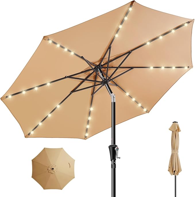 HOMSHADE 9ft Solar Patio Umbrella - Solar Lights LED Lighted Outdoor Market Table Umbrella, UPF50+ UV Protection with Push Button Tilt, Crank for Pool Deck and Garden (Beige)