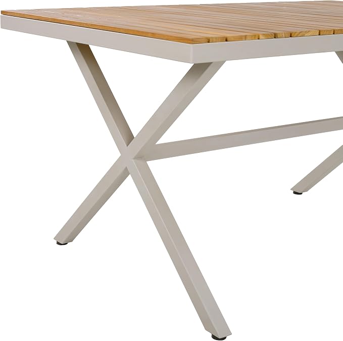 Christopher Knight Home Rado 55”L Wooden Outdoor Dining Table with Steel Frame, Sturdy Rectangular Patio Table for 4-6 People, Dining Room Table with Slatted Design and X-Shaped Legs, Teak + Beige