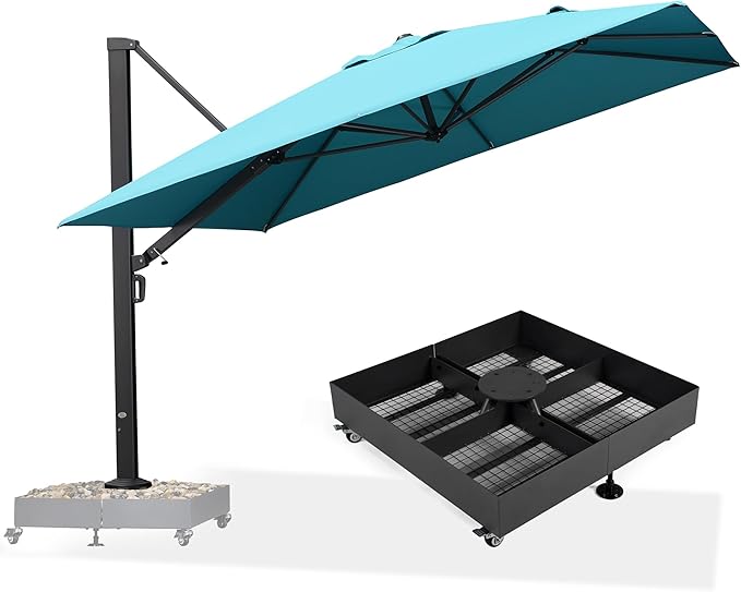PURPLE LEAF 11 FT Square Patio Umbrella with Wheeled Base Included Large Outdoor Offset Umbrella with 360-degree Rotation Cantilever Umbrella for Pool Garden Deck Backyard Turquiose Blue