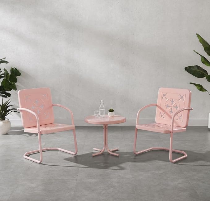 Crosley Furniture Azalea 3-Piece Vintage Outdoor Chair and Side Table Set, Retro Metal Patio Conversation Sets, Pastel Pink Gloss