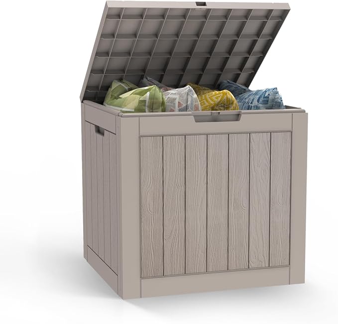 Mars Villa 31 Gallon Deck Box, Outdoor Storage Box Waterproof, Outside Resin Storage Bin for Outdoor Patio Furniture Cushion, Pool Supply, Garden Tool, UV-Resistant and Weatherproof, Greige