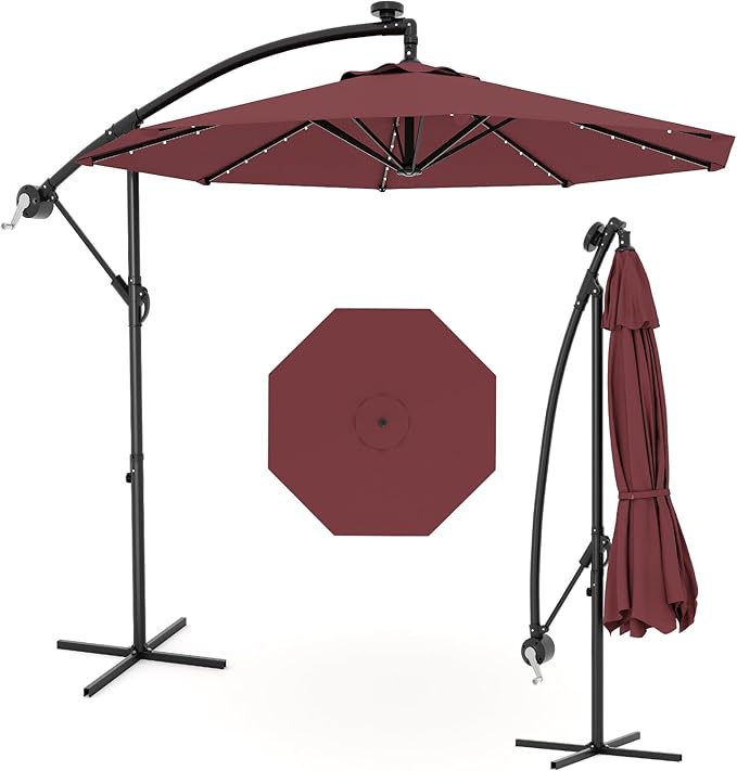 Garvee 10FT Solar Lights Offset Patio Umbrella with Cross Base, Cantilever Umbrella with Easy Lift & Tilt Adjustment, 8 Ribs Sun umbrella UV Protection for Backyard, Pool, Garden, Burgundy