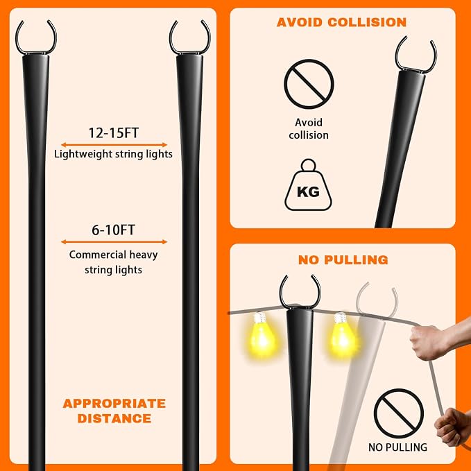 6 Pack 10Ft String Light Poles, Metal Poles with Fork for Outside Lights,Outdoor Metal Light Stand with Fence Brackets Hanging Lights for Garden Patio Wedding Backyard Deck Party