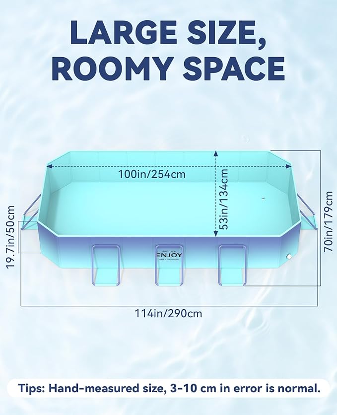 HeySplash Foldable Pool, Non-Inflatable Swimming Pool with Rigid Puncture-Proof Hard Composite Board, Kiddie Pool Outdoor Pool, Adults & Kids Pool for Backyard Garden Dog Pool 114"×70"×19", Ice Blue