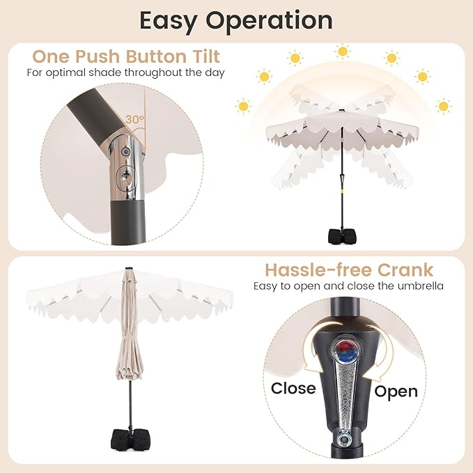Tangkula 9 FT Solar Patio Umbrella with Base Included, 2-Tiers Outdoor Scalloped Table Umbrella with 32 LED Lights, 2 Sandbags, Tilt Adjustment, Crank, 8 Ribs for Market Backyard Pool Deck Beach Lawn